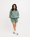 Sojourn Moto Camp Crew crewneck sweatshirt sweatshort set in sagebrush