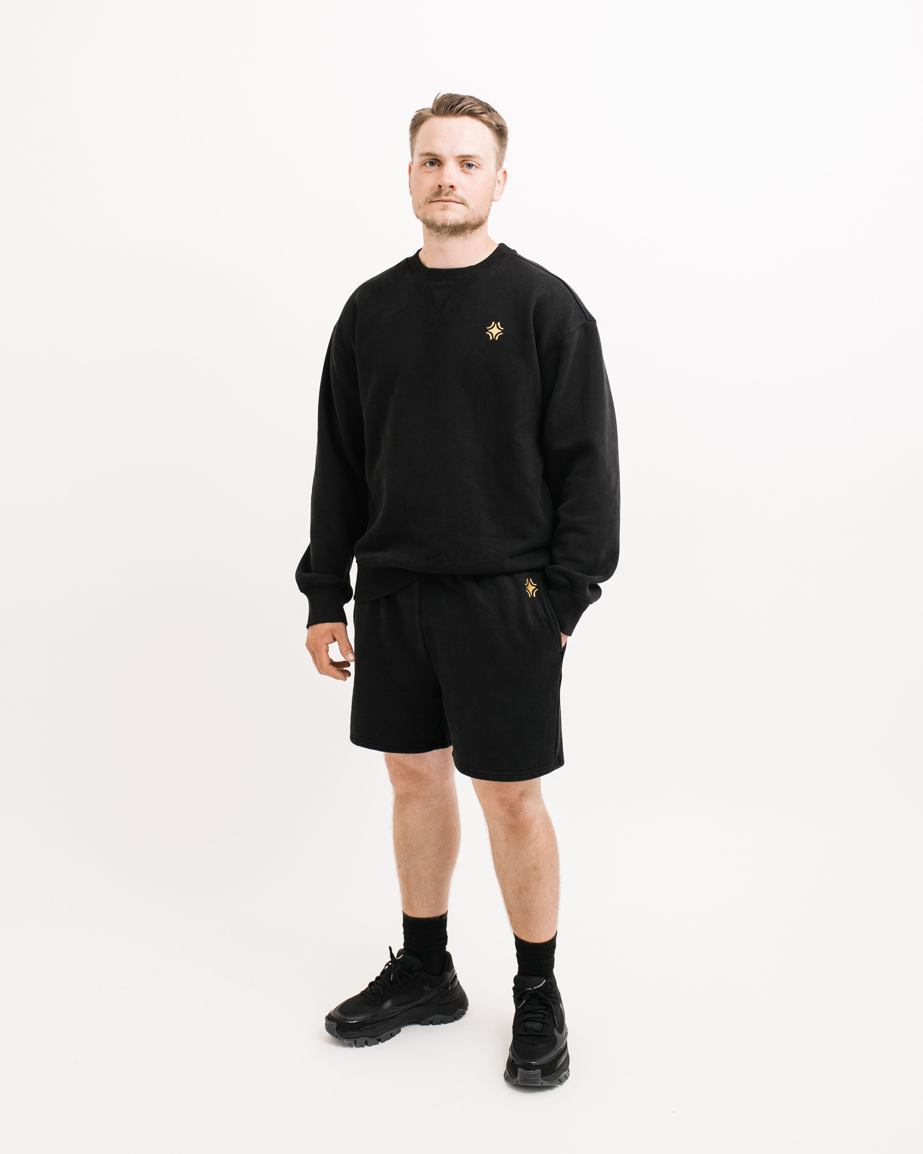 Sojourn Moto Camp Crew crewneck sweatshirt sweatshort set in black